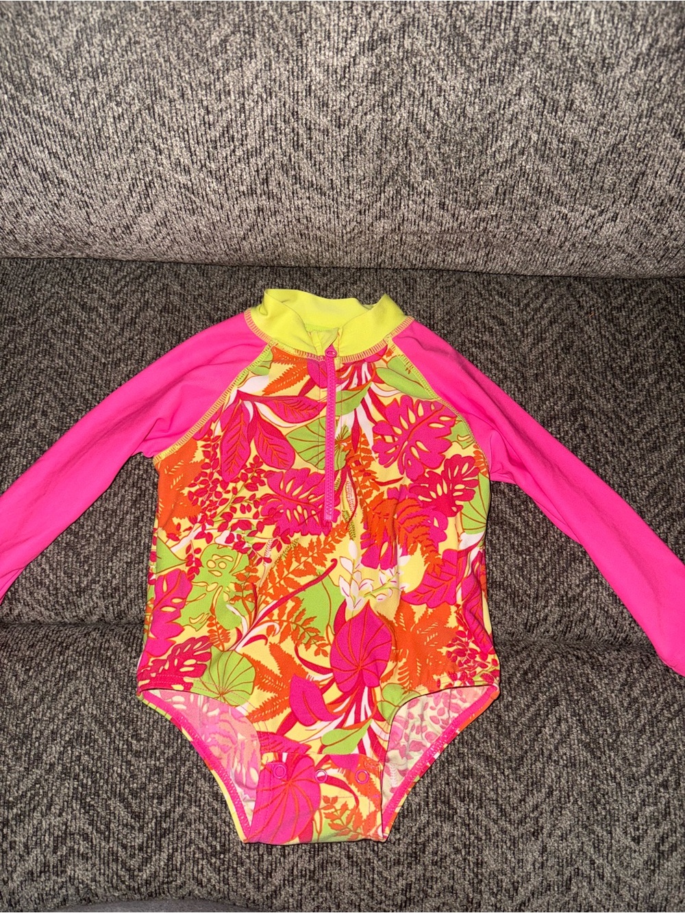 Coolibar Girls Neon Pink Floral Long Sleeve Swim One-Piece